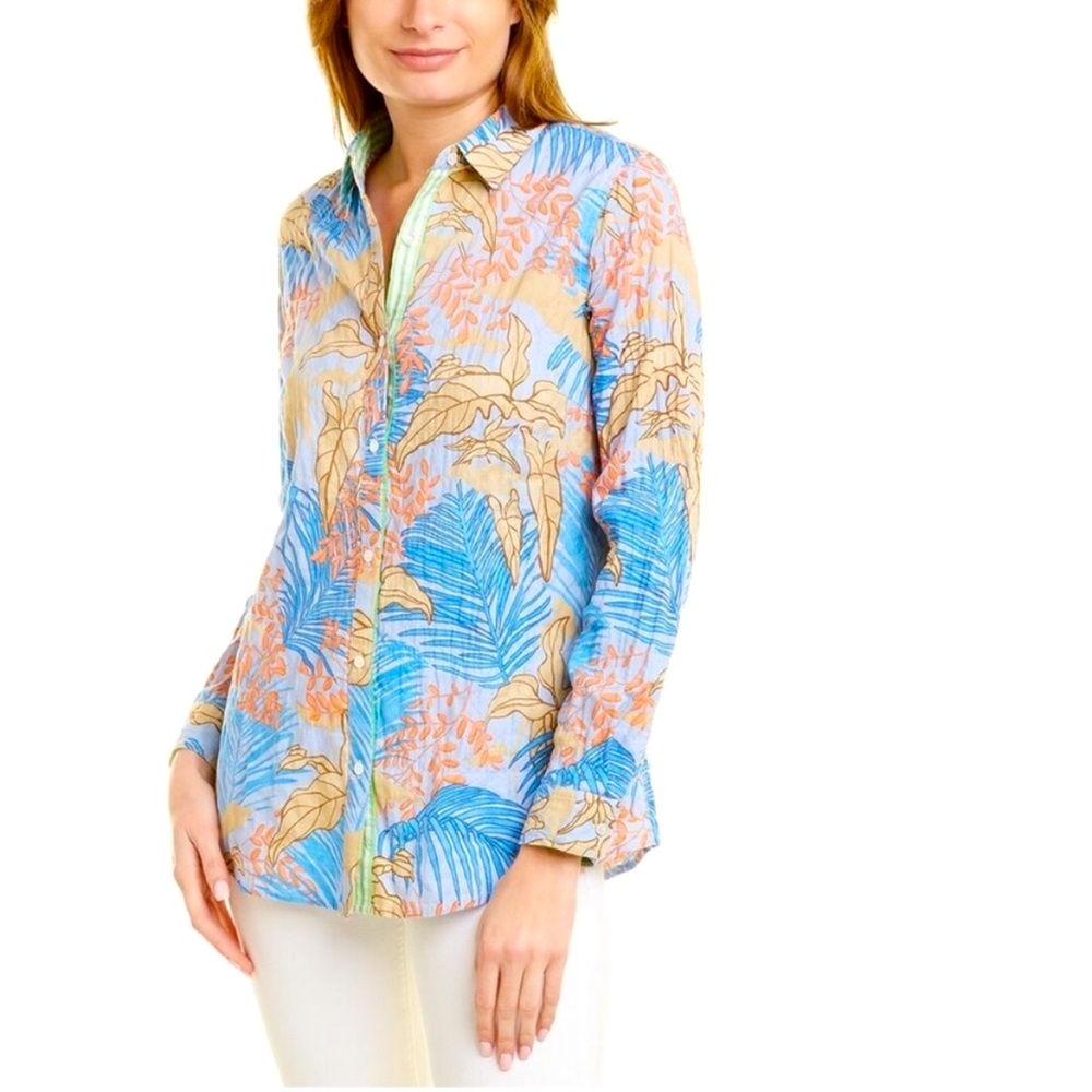 J. McLaughlin Lois Blue Tropical Palm Print Button Down Shirt Preppy Pastel Chic